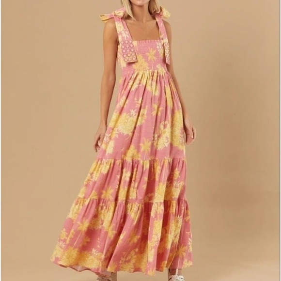 Sheridan French Dresses & Skirts - Sheridan French Kelly Dress XL Pink Yellow Floral Tie Strap Smocked Maxi Cotton